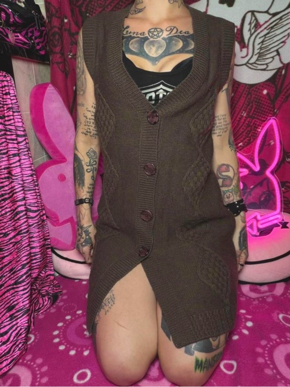 Long Brown Deep V Neck Button Front Cardigan Sleeveless Sweater